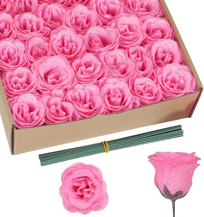 Artificial Roses,30PCS Pink Roses Glitter Roses Bouquet Fake Roses Artificial Flowers for Wedding Bouquet Party Christmas Home Decor(Pink)