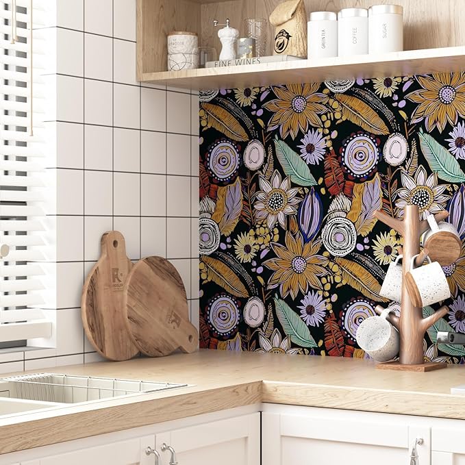 Dark Boho Wallpaper Peel and Stick,Vintage Black Yellow Purple Floral Contact Paper, Botanical Flowers Retro Wall Paper Self Adhesive Removable Waterproof for Walls Shelves Cabinet Table 17.5" x 118"