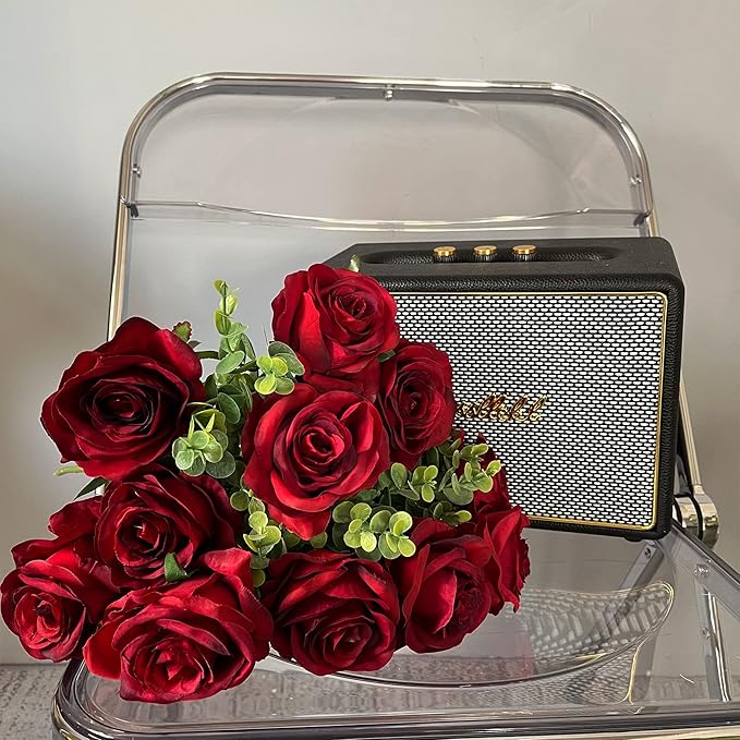 Nubry Artificial Silk Rose Flower Bouquet Lifelike Fake Rose for Wedding Home Party Decoration Event Gift 10pcs (Wine Red)