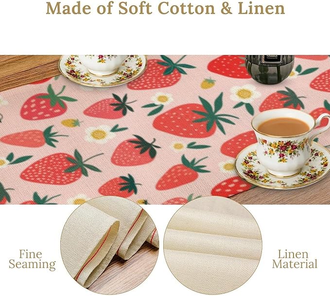 Strawberry Table Runner, Spring Summer Fruit Birthday Party Decoration Dining Room Home Kitchen Table Decor 13 x 36Inch