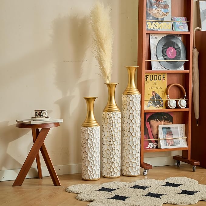 Floor Vases, Tall Home Decor Metal Vase Set of 3 Large Glazed Decorative Vases for Wedding Decor, Elegant Modern Flower Holder for Living Room, Entryway, Hallway, Dining Room