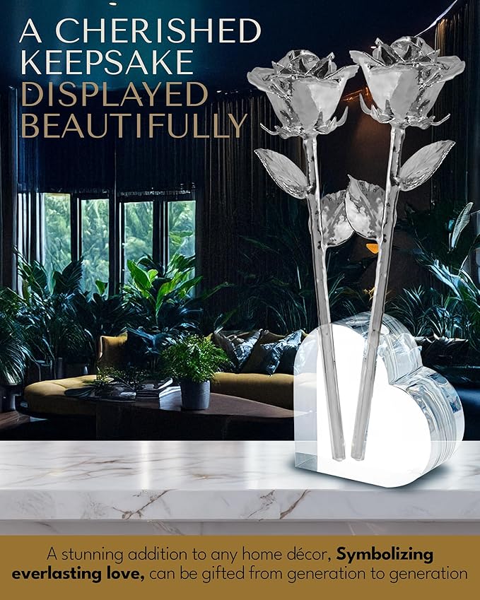 Forever Rose Two Real Roses Dipped in Platinum, Handcrafted Preserved Roses in Acrylic Heart Vase and Luxury Gold Gift Box, Romantic Gift for Her, Elegant Gift for Any Special Occasion