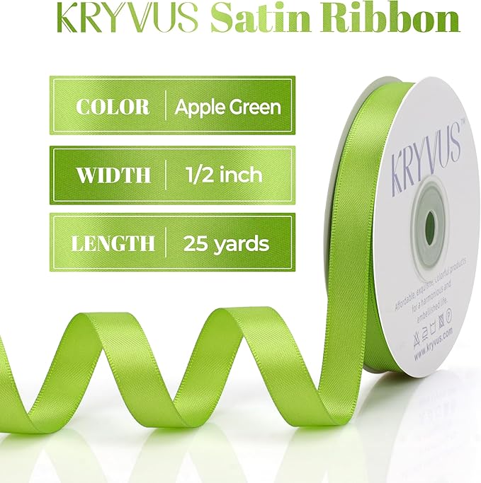 Apple Green Satin Ribbon, Double Faced 1/2 Inch X 25 Yards Apple Green Ribbon, Premium Satin Ribbon for Gift Wrapping, Crafts, Hair Bow Making, Sewing, Flower Bouquet, Wedding Party Decor