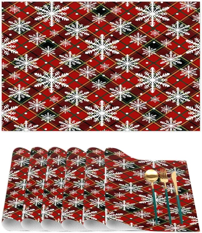 Christmas Xmas Waffle Art Snowflake Placemats Set of 1 PVC Vinyl Non Slip Table Mats Heat Resistant Place Mats Washable Wipeable Dining Table Mat for Kitchen Decor Party Indoor Outdoor Decorative Gift