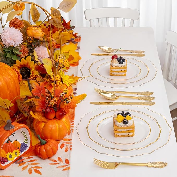 YOUBET 125PCS Thanksgiving Plastic Plates - Clear Gold Disposable Plates - 25 Guests Baroque Plastic Dinnerware Includes 25Dinner Plates, 25Dessert Plate, 75Silverware for Party & Wedding