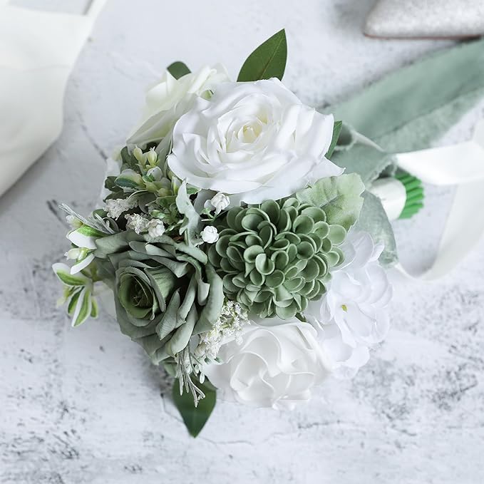 ponatia Sage Grenn Wedding Bouquets for Bride Bridesmaid, White Wedding Artificial Roses Flowers for Wedding Bouquets Ceremony, Anniversary (Sage Green & White)