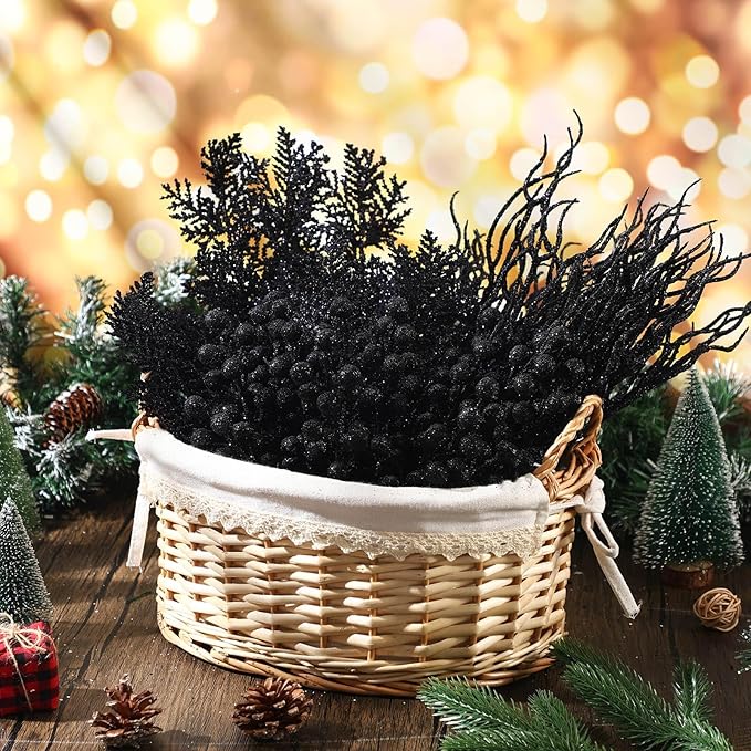 75 Pcs Christmas Glitter Branches 3 Styles Artificial Christmas Picks Berries Stems Pine Needles Floral Twig Spray for Xmas Tree Ornaments DIY Wreath Garland(Black)
