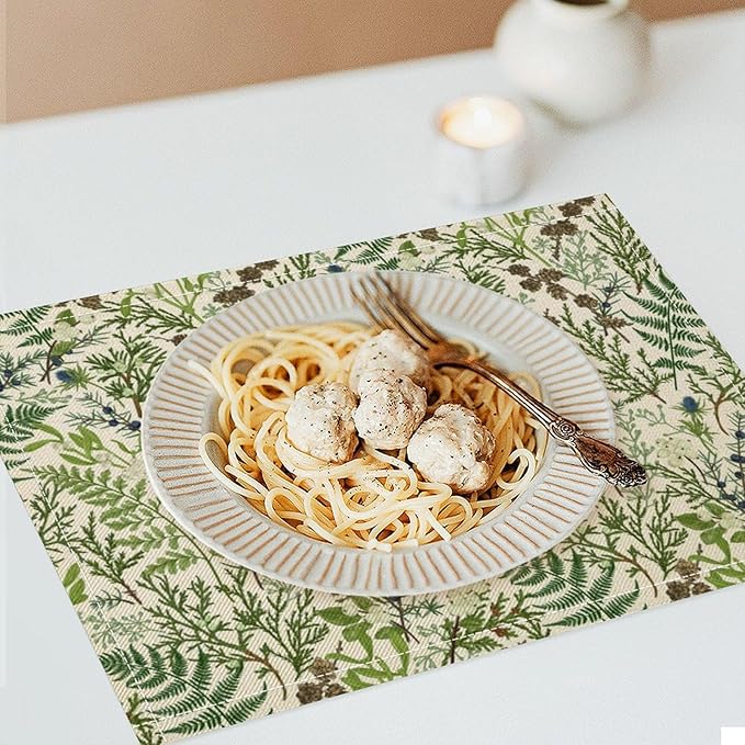 Retro Botanical Placemats Set of 8, 17x12 Inch Rustic Farmhouse Green Leaves Vintage Plants Aesthetic Table Mats for Home Party Kitchen Dining Decor