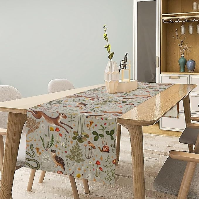 Rustic Forest Table Runner, Retro Country Wild Animals Hare Squirrel Owl Snake Snail Flowers Mushroom Print Table Cover for Home Holiday Party Indoor Outdoor, 13x70inch