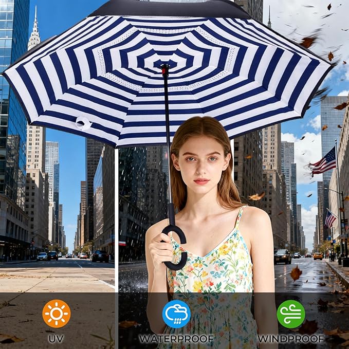 Inverted Umbrella, 49 Inch Double-Layer Vented Reverse Umbrella, Windproof Waterproof UV Protection, Lightweight C-Handle, Fiberglass Ribs, Steel Shaft, Travel/Commute/Car Use, With Sleeve