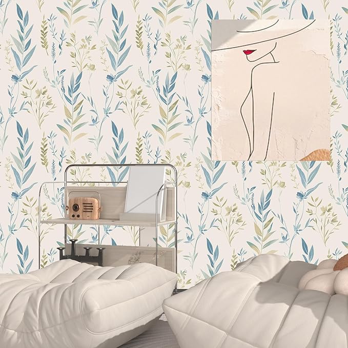 Beige Floral Leaf Peel and Stick Boho Removable Blue Green Botanical Wallpaper 17.5" x 118" Light Mural Waterproof Contact Paper for Walls Bedroom Bathroom Cabinet Room Decor