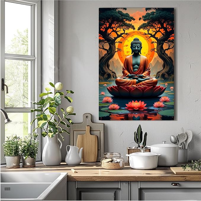 Canvas wall art Golden Buddha on lotus at sunset Ancient trees with reflections on water Serene meditation scene Uplifting wall art for mindfulness and tranquil home decor 12x18in Wood Framed