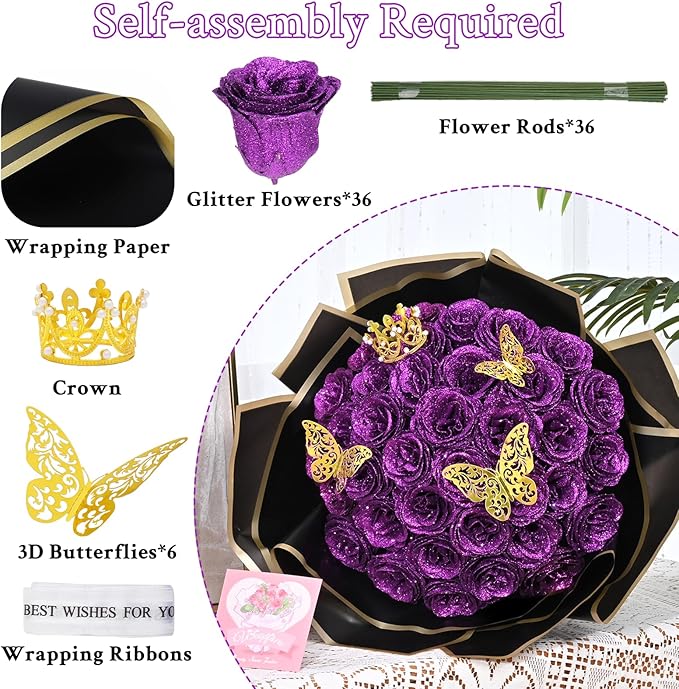 Waipfaru Glitter Roses Bouquet, DIY Fake Flowers Bouquet, Birthday Gifts for Women Mom, 36 Pcs Purple Rose for Wife Girlfriend Valentines, Mothers Day, Anniversary, Graduation