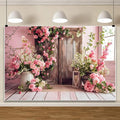 AOTOFO 6x4ft Rustic Wood Floral Backdrop for Baby Shower Newborn Studio Picture Photography Wooden Door Pink Flower Wall Background Wedding Bridal Shower Birthday Party Photoshoot Booth Banner