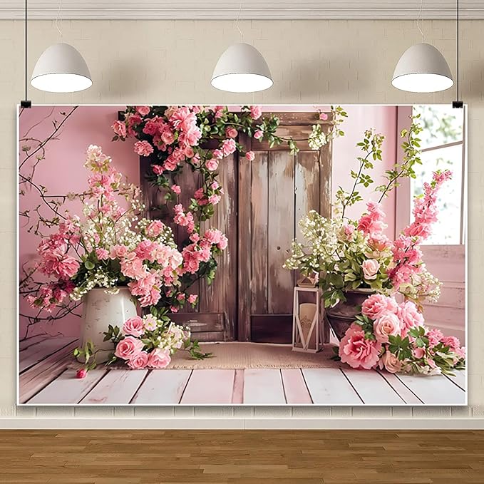 AOTOFO 8x6ft Rustic Wood Floral Backdrop for Baby Shower Newborn Studio Picture Photography Wooden Door Pink Flower Wall Background Wedding Bridal Shower Birthday Party Photoshoot Booth Banner