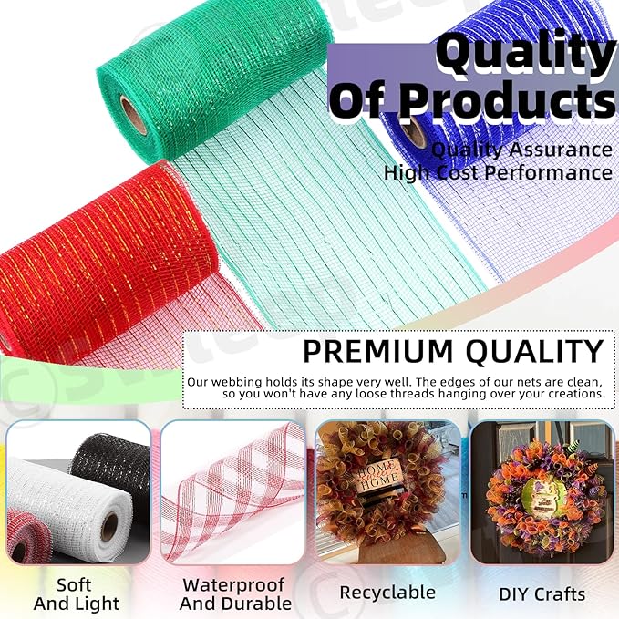 Swpeet 3 Rolls 6 Inches Mesh Ribbon Glitter Metallic Wrapping Ribbon Kit, Glitter Tulle Fabric Spool Ribbon Metallic Foil Mesh Ribbon for DIY Project Wreaths Party Decorations Wrapping Craft