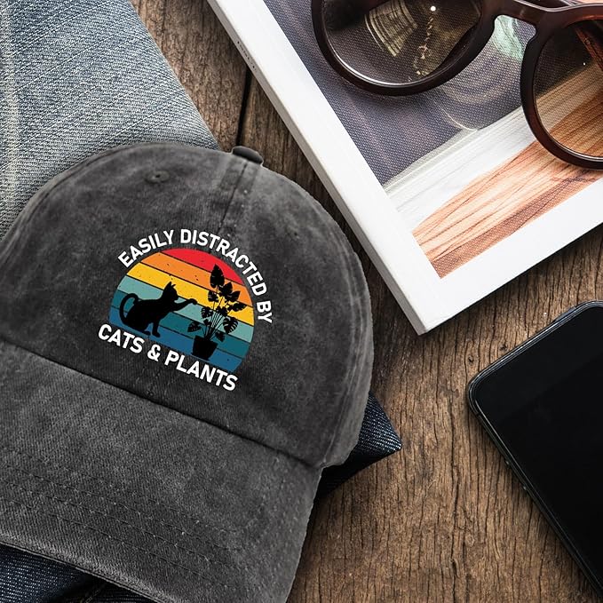 Funny Cats Plants Distressed Washed Black Baseball Caps Easily Distracted by Cats & Plants Printed Cotton Adjustable Hats Christmas Birthday Gifts for Women Men Friend Cat Lover Plant Lover