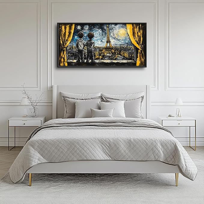 Graffiti Banksy Large Wall Art Inspirational Eiffel Tower Pictures Wall Decor Above Over Bed Canvas Prints Painting Framed Artwork Decoration For Bedroom Living Room 60"x30"