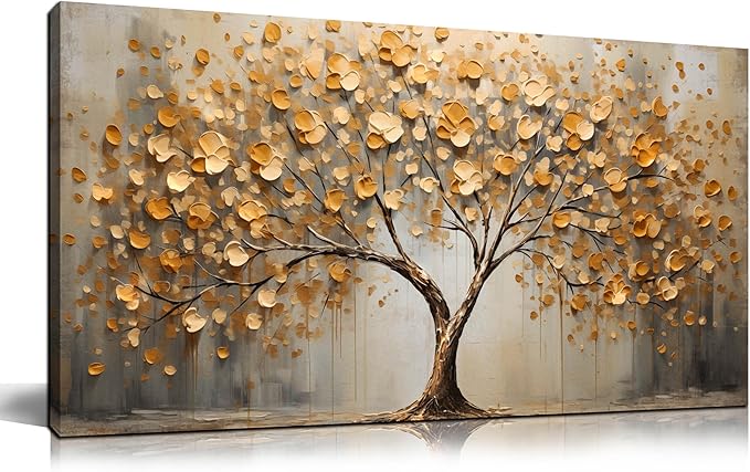 Tree Art Pictures for Wall in Living Room - Gold Yellow Canvas Wall Art for Bedroom - Abstract Art Wall Decor for Office Size 20" x 40"