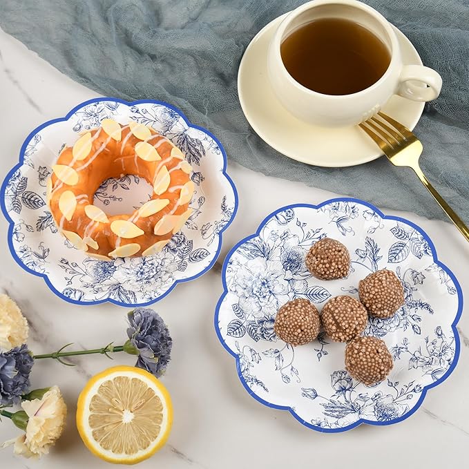 Blue Floral Party Plates Vintage Floral Leaf Disposable Paper Plates Wildflower Blue Toile 7" Scalloped Rim Dessert Plates for Christmas Birthday Bridal Tea Party Supplies (48)