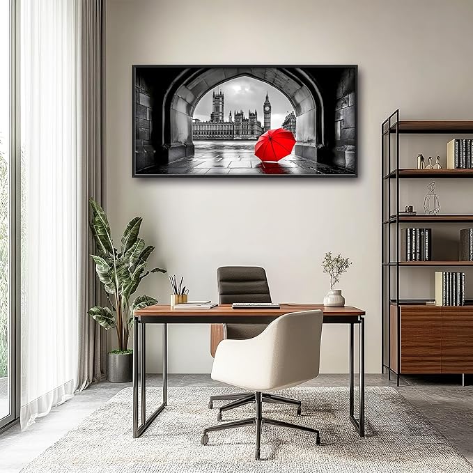 London City Large Wall Art Black and White Framed Red Wall Decor for Living Room, Big Ben Pictures Oversized Canvas Print Painting Modern Extra Large Framed Artwork for Bedroom Office 60"x30"
