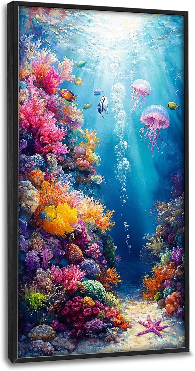 Ocean Large Wall Art Nautical Coral Sealife Pictures Wall Decor Undersea Canvas Seascape Print Painting Modern Artwork Home Decoration for Entrance Living Room Bathroom Bedroom Office Framed 60"x30"