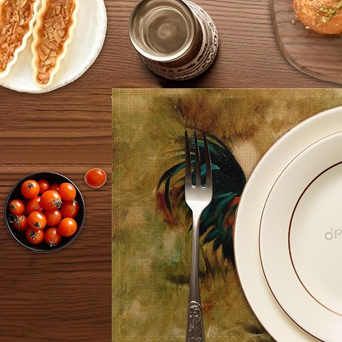 Fall Roosters Placemats Set of 6,Washable Heat Resistant 12×18 Inch Linen Table Mats Farmhouse Animal Place Mats for Party Outdoor Dining Decor