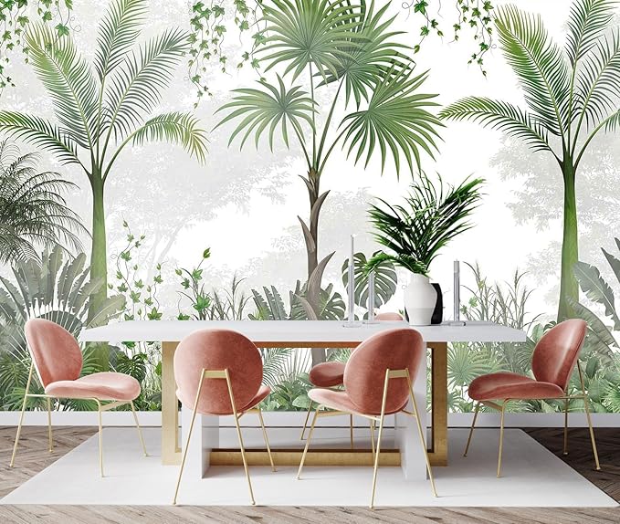 Woods Botanical Landscape Mural, Green Leafy Botanical Wallpaper, Suitable for Bedroom, Living Room, Bathroom Background Wall Decoration（Non-self-Adhesive）