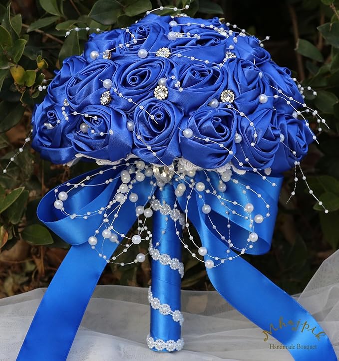 Bridal Wedding Bouquet Round Bling Brooch Bouquet Throw Toss Artificial Rose Flower Bunch for Bride Bridesmaid Wedding Quinceanera(Royal Blue, 7.5")