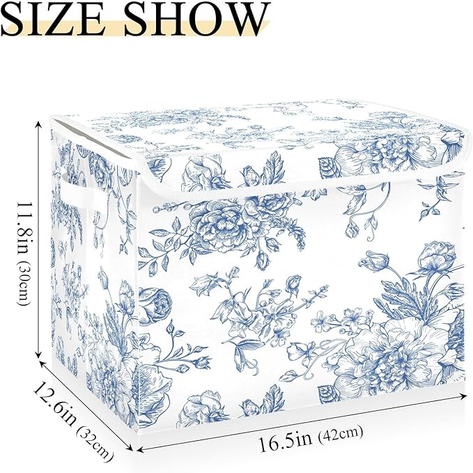 susiyo Bouquet Of Blue Flowers Floral Storage Bin Large Collapsible Storage Box Stackable design Fabric Storage Bins with Lids Decorative Multi-Color Foldable Organizing Baskets For Closet, Utility Ro
