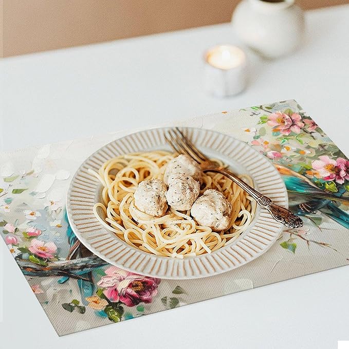 Botanical Birds Placemats Set of 4 Bird Pictures Farmhouse Rustic Flower Kitchen Mats Waterproof Washable Table Mats for Kitchen Dining Decoration 4 PCS