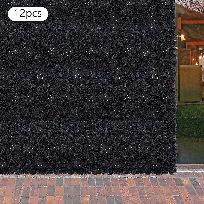 Flower Wall Panel Set,Black Artificial Wall Flower Backdrop,12 Pcs 23.62" X 15.75" 3D Silk Hydrangea Rose Floral Panel,Faux Roses Artificial Flower Backdrop for Wall Decor