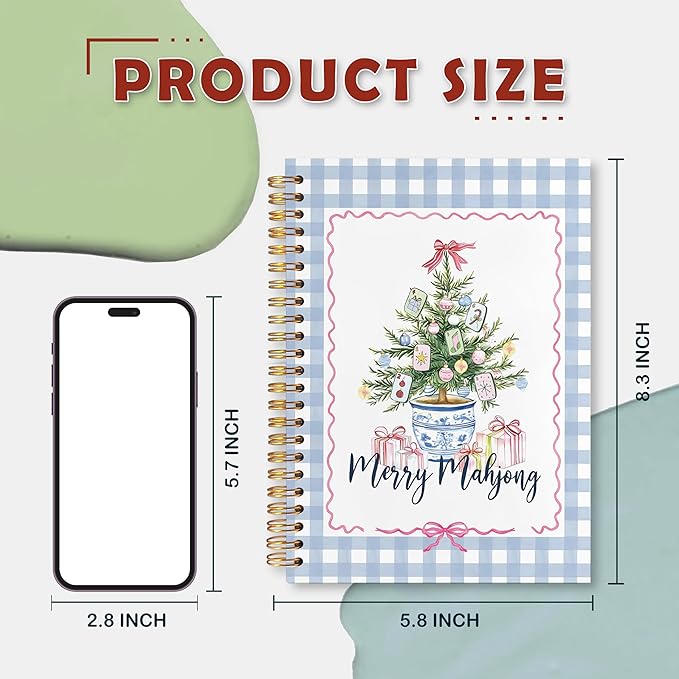 VIIJJUE Merry Mahjong Chinoiserie Christmas Tree Notebook Journal, Blue and White Christmas Journal, Xmas Checkered Holiday Hardcover Spiral Notebooks, 5.5x8.3 Inch