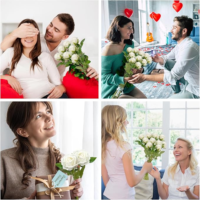 Wondrus Bulk Artificial Flowers 100 PCS, Fake Velvet Silk White Roses with Long Stems Realistic Bouquet for Wedding Centerpieces, Faux Arrangement for Home Table Decor