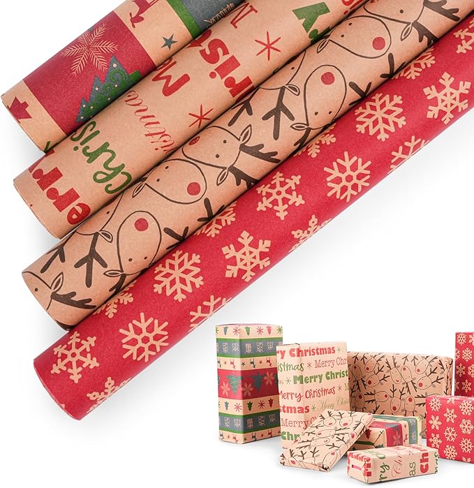 Happypapa Christmas Wrapping Paper, Kraft Xmas Wrapping Paper Rolls - Snowflakes, Reindeer, Gift and Merry Christmas Pattern - 4 Rolls - 17 Inch × 120 Inch Per Roll