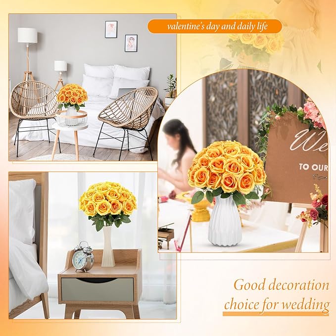 Hotop 40 Pcs Rose Artificial Flowers Bulk with Long Stem,Realistic Silk Fake Roses Bouquet for Home Wedding Centerpieces Party Table Decoration Valentines Gifts(Orange)