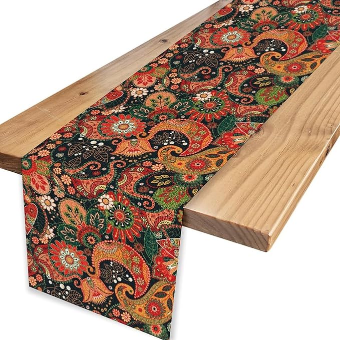 Vintage Paisley Table Runner, Colorful Retro Damask Antique Floral Flower Boho Damask Swirled Print Table Center Decor for Family Kitchen Table Decorations Indoor Outdoor 13x72 inch