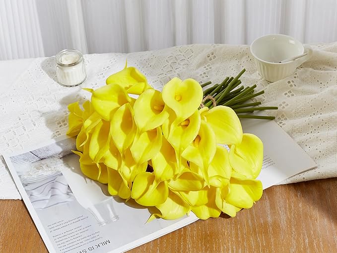 24 Pcs Yellow Artificial Calla Lily Flowers Fake Yellow Silk Flowers Real Touch for Wedding Bouquet Office Home Kitchen Decor