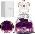 Mothers Day Rose Gifts for Women, Large Angel Figurines with Real Roses, Preserved Real Flower Rose for Her - Purple