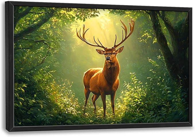 Forest Elk Deer Large Wall Art Framed Green Wall Decor for Living Room Farmhouse Deer Pictures Oversized Canvas Print Painting Modern Extra Large Framed Artwork for Bedroom Office 36"x24"
