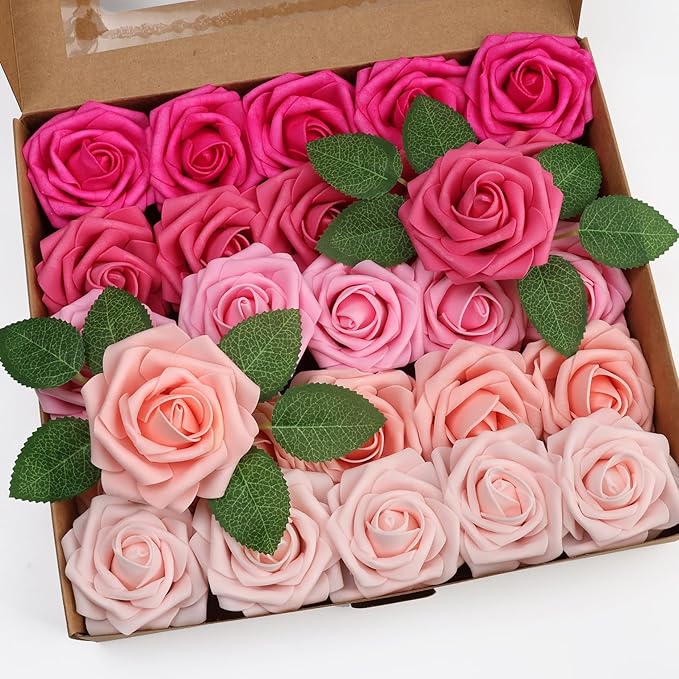 25pcs Artificial Flower，Real Looking Foam Roses w/Stem for DIY Wedding Bouquets Centerpieces Bridal Shower Party Decor-Shades of Hot Pink