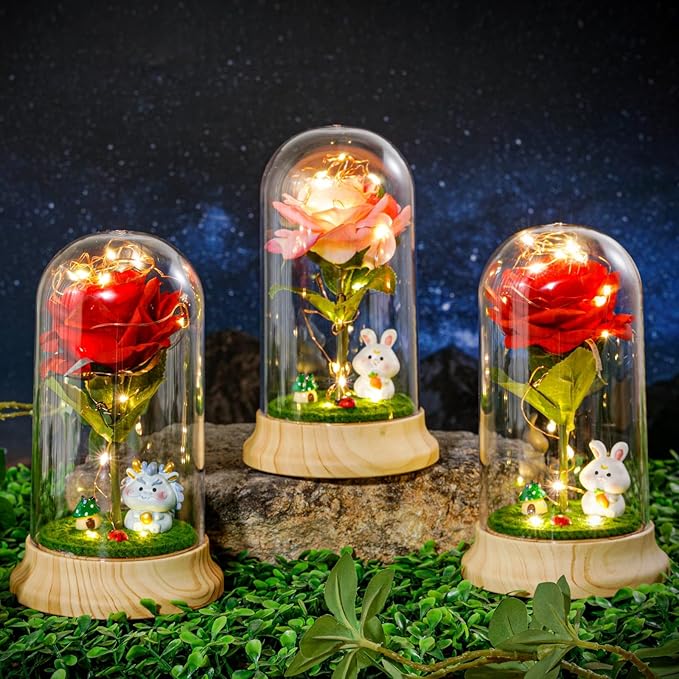 Pink Roses from Daughter for Mom Mothers Day, Beauty and The Beast Rose, with LED Light Up Rose in Dome, for Wife Grandma Christmas Day Valentine Day Birthday for Her Gift (1 Pink Rabbit)