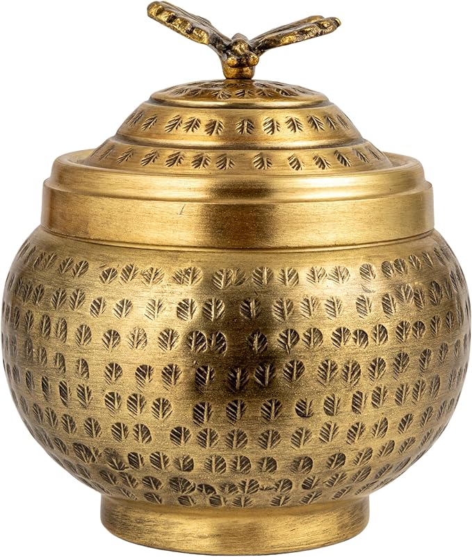Round Hammered Metal Container with Butterfly Finial, Brass Finish