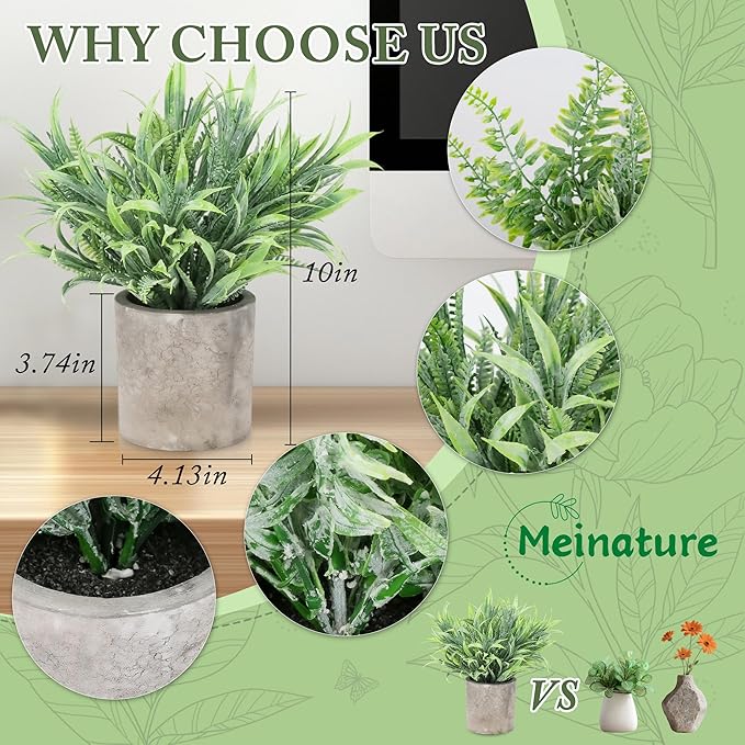 2 Pack Mini Potted Fake Plant, Artificial Plants Indoor, Artificial Frost-Hung,Eco-Friendly Gray Pot, No Need for Maintenance，Ideal Decor for Home and Office (2, Spring Grass + Wild Fern)