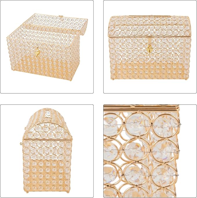 Crystal Wedding Card Box With Heart Lock, Gold Crystal Treasure Chest Money Card Gift Decorative Memory Box for Wedding Birthday Graduation Party