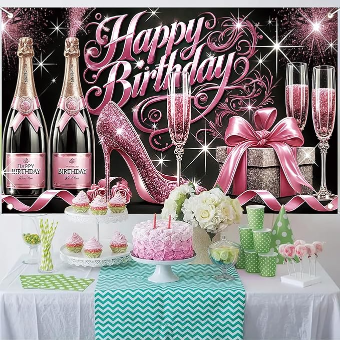 Happy Birthday Backdrop Banner Glitter High Heels Wine Glass Photography Background Poster for Women Girls Birthday Party Decorations Supplies 71 x 43 Inch