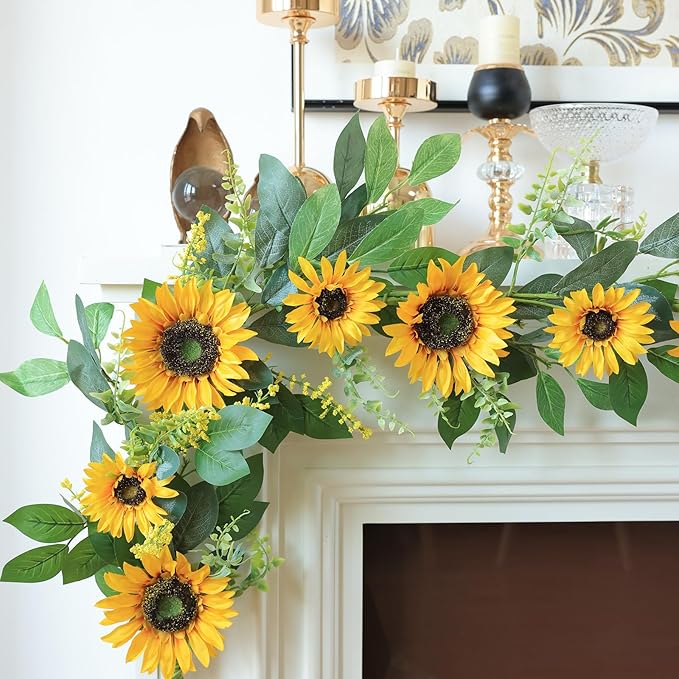 Mizii Artificial Sunflower Garland 6FT Fake Silk Sunflowers Flower Garland Autumn Hanging Vines Decorations for Kitchen Table Centerpieces Room Wall Party Wedding Birthday Fall Decor (Yellow)