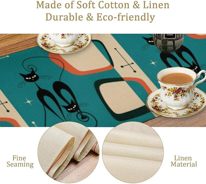 Mid Century Modern Black Cat Table Runner,Table Runners for Kitchen Dining Modern Tables Decor Decoration for Kitchen Family Dinner Table Holiday Party Farmhouse 13 x 108 Inch Blue