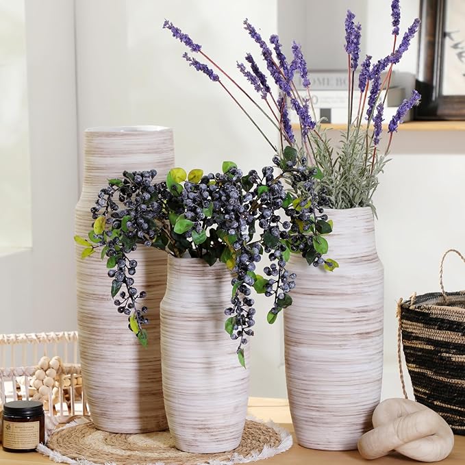 ALMA 14 inch White Floor Vase for Modern Living Room Home Decor, Big Boho Ceramic Vases for Tall Pampas Grass, Decorative Ribbed Flower Vases for Entryway Table, Kitchen Island, Fireplace Decor