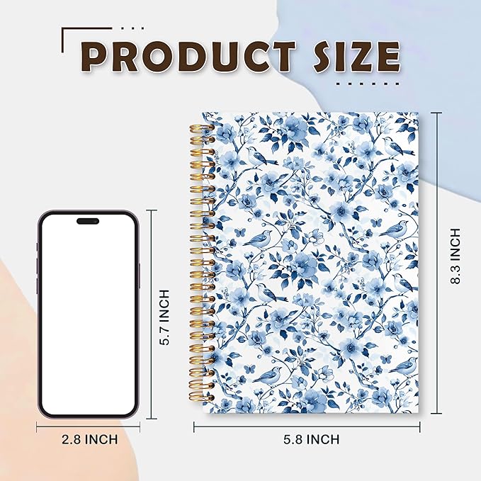 VIIJJUE Chinoiserie Blue and White Porcelain Notebook Journal, Blue Flowers Notebooks for Note Taking, Hardcover Spiral Journal 5.5x8.3 Inch